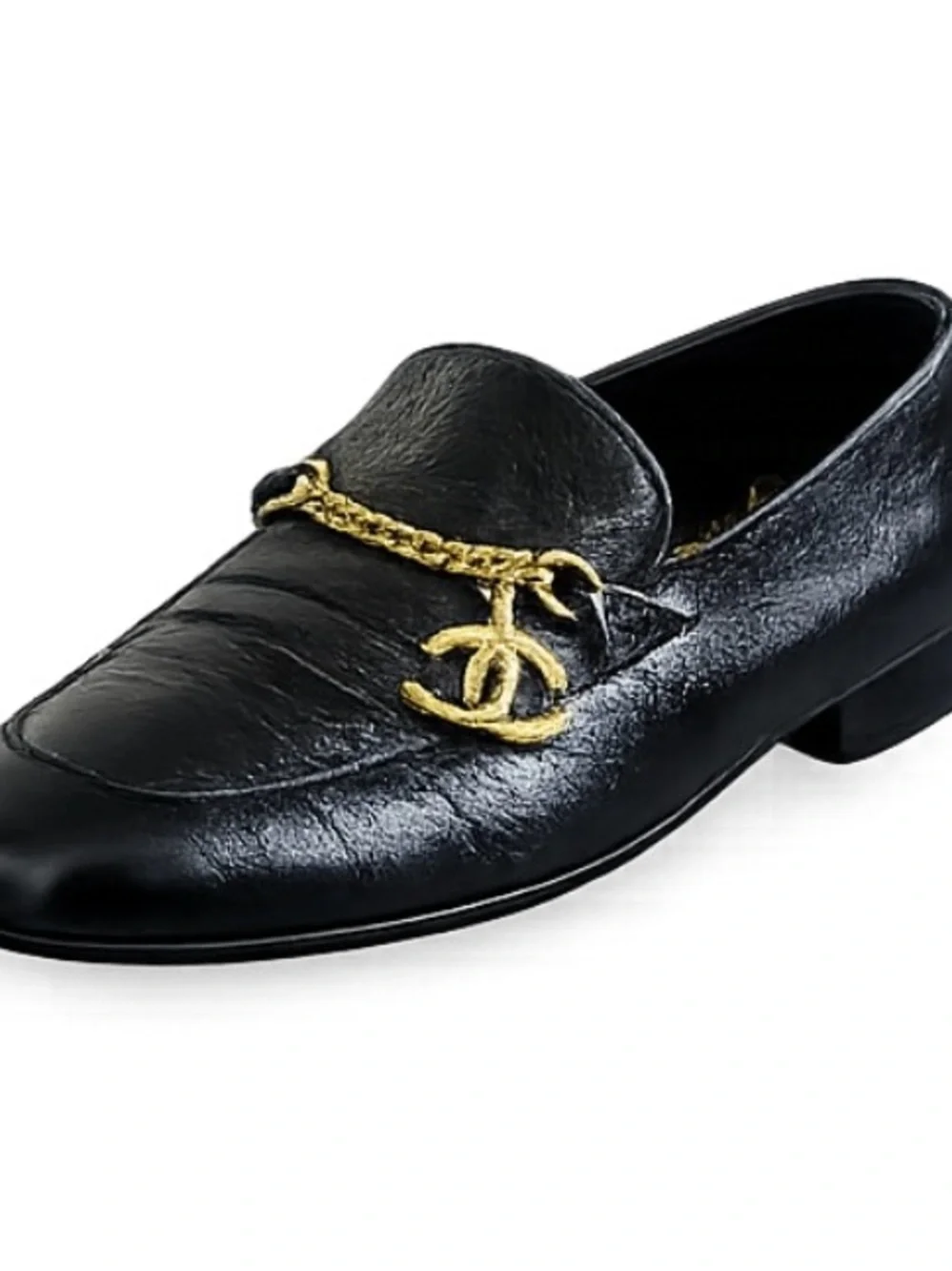 CHANEL Black Leather Loafers with Gold Chain CC Charm - Picture 2 of 6